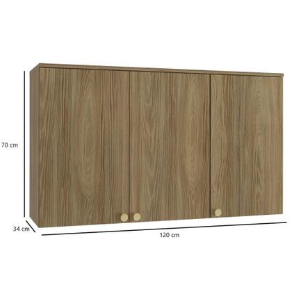 Imagem de Armário Aéreo Com LED Cozinha 120 Cm 3 Portas 2 Prateleiras Organizador Marrom Madeira Nogueira