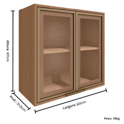 Imagem de Armario Aereo Cozinha 2 Portas de Abrir 1 Prateleira 60cm Vitória Carvalho/Vidro Reflecta - Móveis Rimo - 100% MDF
