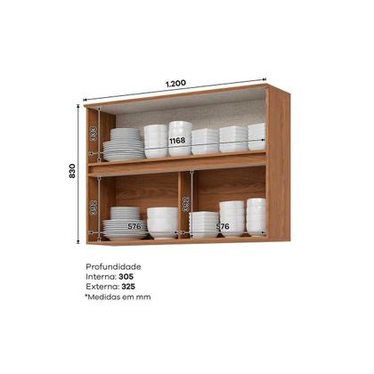 Imagem de Armário Aéreo Cozinha Modulado Requinte c/ 2 Portas Basculante Ripada c/ Vidro 120cm Nature - Henn