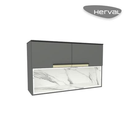 Imagem de Armário Aéreo de Cozinha Com Nicho Herval Manhattan, MDP, 2 Portas, Grafite/Calacatta