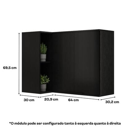 Imagem de Armário Aéreo de Cozinha Miami 2 Portas com Nicho de Canto Carraro Preto Touch