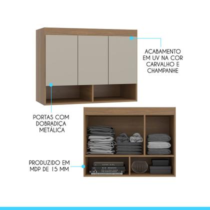 Imagem de Armário Aéreo Guarda Roupa Modulado Selene 3 Portas 90x68 Cm MDP Carvalho 6002 MENU