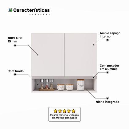 Imagem de Armário Aéreo Multiuso Lux 80cm 100%mdf 02 Portas Com Nicho Integrado Branco - Abmaza
