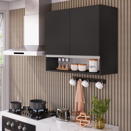 Imagem de Armário Aéreo Multiuso Lux 80cm 100%MDF 02 Portas com Nicho Integrado Preto - Abmaza