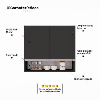 Imagem de Armário Aéreo Multiuso Lux 80cm 100%MDF 02 Portas com Nicho Integrado Preto - Abmaza