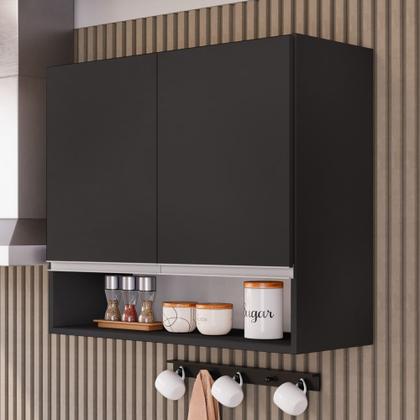Imagem de Armário Aéreo Multiuso Lux 80cm 100%MDF 02 Portas com Nicho Integrado Preto - Abmaza