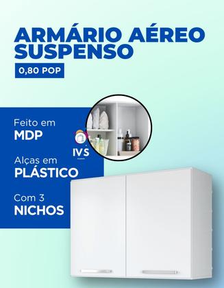 Imagem de Armário Aéreo Multiuso Suspenso Lavanderia Prateleira 80cm Módulo Prateleira Gabinete Nicho Parede 2 Portas Cozinha Banheiro Compacto Móveis Paraná