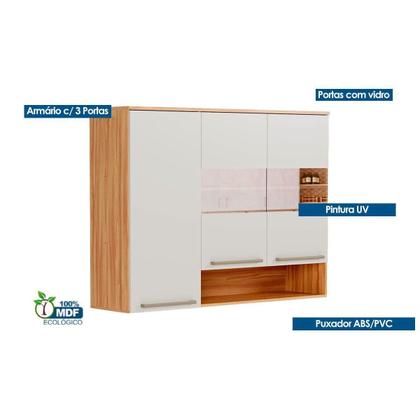Imagem de Armário Aéreo p/ Cozinha Nápoli Prime 3 Portas ( 2 c/ Vidros Reflecta) 120cm Amendoa/Off White - Ronipa