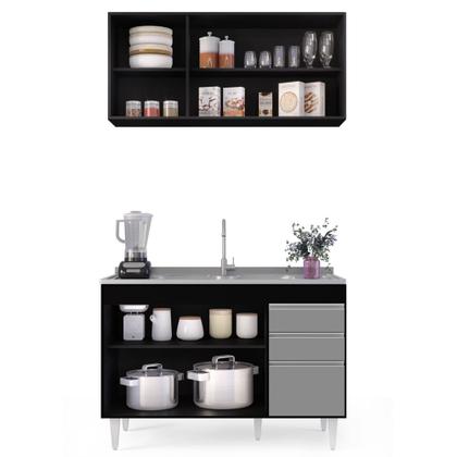 Imagem de Armário Aéreo Virgínia e Balcão Com Pia 120cm Michigan Preto/Cinza - Lumil Móveis