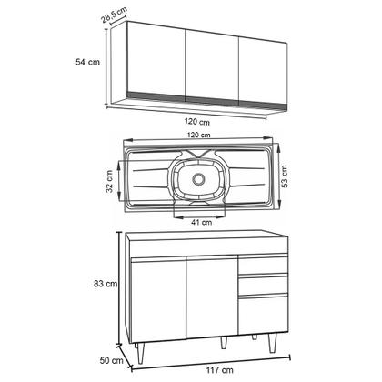 Imagem de Armário Aéreo Virgínia e Balcão Com Pia 120cm Michigan Preto/Cinza - Lumil Móveis