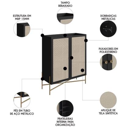 Imagem de Armário Aparador Bar 2 Portas Pé Metal Arlo A10 Nero-dourado - Mpozenato