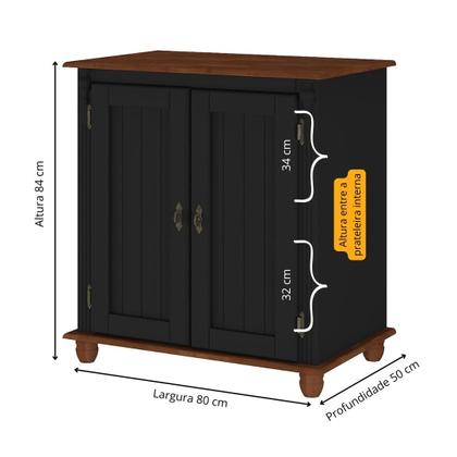 Imagem de Armário Balcão Colonial de Madeira 2 Portas com Pés Torneados Cor Preto Laca com tampo e base Imbuia Glazer
