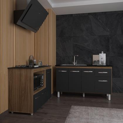 Imagem de Armário Camila Cozinha Gabinete de Pia 140 cm e Balcão para Cooktop 4 Bocas e Forno ou Microondas Alana Savana Preto