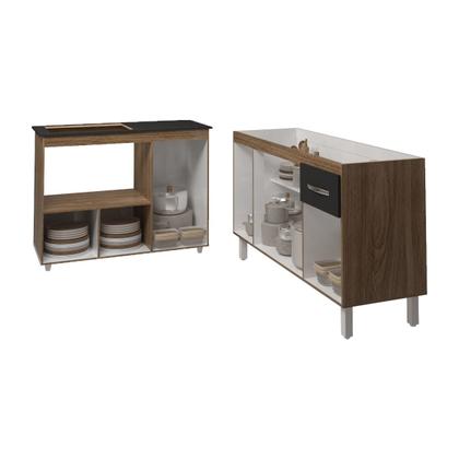 Imagem de Armário Camila Cozinha Gabinete de Pia 140 cm e Balcão para Cooktop 4 Bocas e Forno ou Microondas Alana Savana Preto