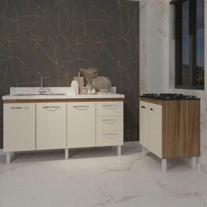 Imagem de Armário Cozinha Balcão Gabinete De Pia 160 Cm Estela E Balcão Fran Para Fogão Cooktop 5 Bocas Savana Off White