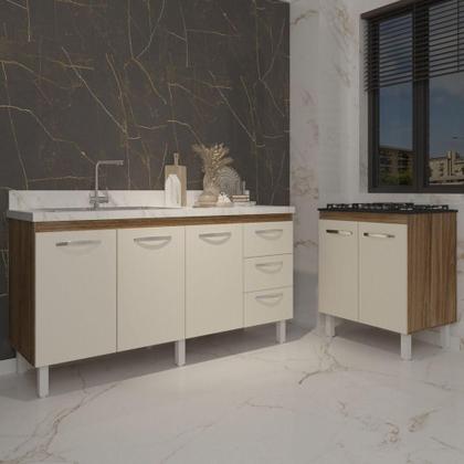 Imagem de Armário Cozinha Balcão Gabinete De Pia 160 Cm Estela E Balcão Fran Para Fogão Cooktop 5 Bocas Savana Off White