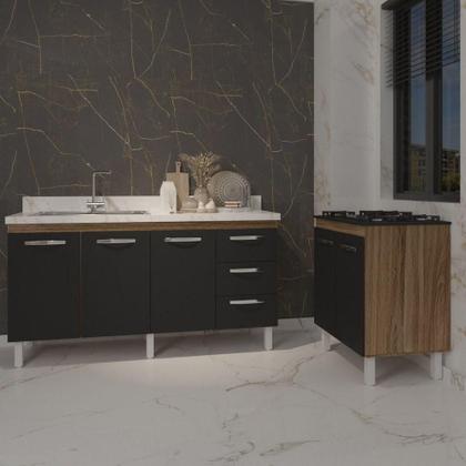 Imagem de Armário Cozinha Balcão Gabinete De Pia 160 Cm Estela E Balcão Fran Para Fogão Cooktop 5 Bocas Savana Preto