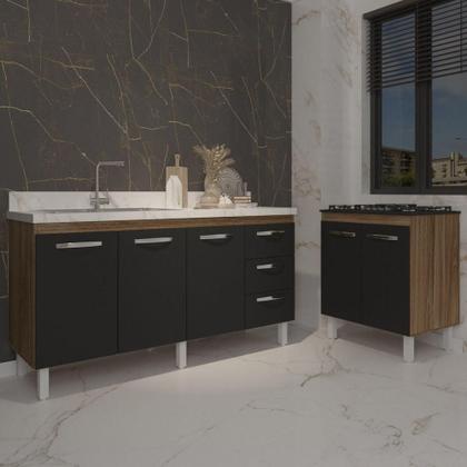 Imagem de Armário Cozinha Balcão Gabinete De Pia 160 Cm Estela E Balcão Fran Para Fogão Cooktop 5 Bocas Savana Preto