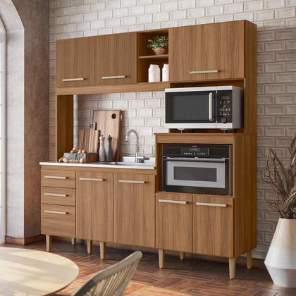 Imagem de Armário Cozinha Compacta MDF 7 Portas 3 Gavetas Balcão P/ Pia Espaço P/ Forno E Microondas Pés C/ Regulagem Piatã
