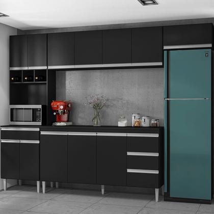 Imagem de Armário Cozinha Compacto 5 Peças Com Tampo 280cm Parede Natalie Preto ÉdeCasaMóveis