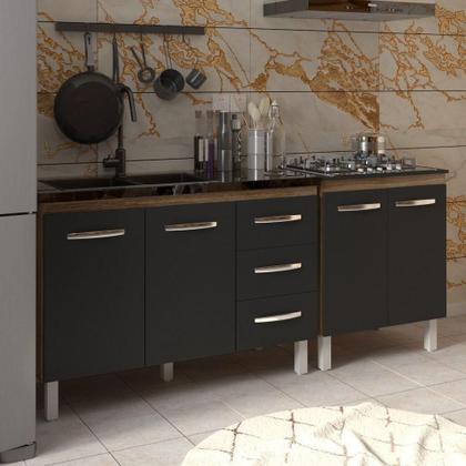 Imagem de Armário Cozinha Gabinete Pia De 120 Cm Bruna E Balcão Fran Para Cooktop 5 Bocas Savana Preto