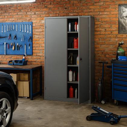 Imagem de Armário de Aço 2 Portas Multiuso com 4 Prateleira PA90 Alt 198cm x Larg 90cm x Prof 40cm e Fechamento com Chave Cor Cinza