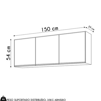 Armário de Cozinha Aéreo 150cm 3 Portas Argélia Cinza Claro