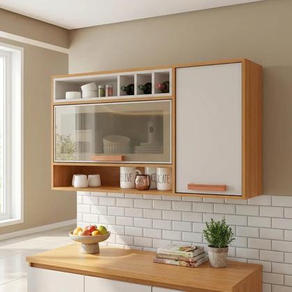 Imagem de Armário de Cozinha Aéreo 2 Portas com Reflecta e Garrafeiro 120cm Nápoles Itatiaia Cinamomo/Off White