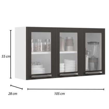 Imagem de Armário de Cozinha Aéreo Itatiaia Aço 3 Portas Com Vidro Florença Grafite/Branco
