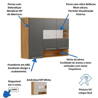 Imagem de Armário de Cozinha Aéreo Triplo 3 Portas Com Nicho Suspenso Nápoli Prime 100% MDF