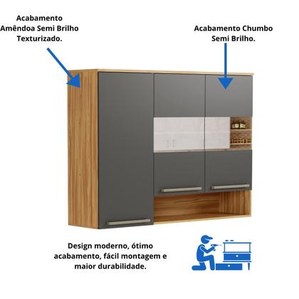 Imagem de Armário de Cozinha Aéreo Triplo 3 Portas Com Nicho Suspenso Nápoli Prime 100% MDF
