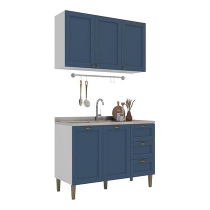 Imagem de Armário De Cozinha Americana Modulada 120cm Com Balcão Para Pia Multimóveis Cr20492 Branco-Azul