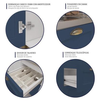 Imagem de Armário De Cozinha Americana Modulada 120cm Com Balcão Para Pia Multimóveis Cr20492 Branco-Azul