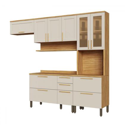 Imagem de Armário de Cozinha Americana Modulada com Balcão e Tampo 11 Portas 2 Gavetas Texas 100% Mdf com Vidro Reflecta Amêndoa/Off White - Pnr Móveis