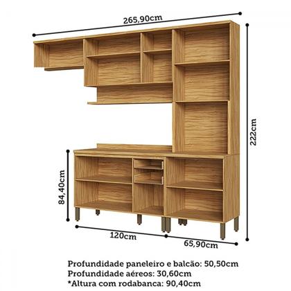 Imagem de Armário de Cozinha Americana Modulada com Balcão e Tampo 11 Portas 2 Gavetas Texas 100% Mdf com Vidro Reflecta Amêndoa/Off White - Pnr Móveis