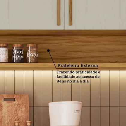 Imagem de Armário de Cozinha Americana Modulada com Balcão e Tampo 11 Portas 2 Gavetas Texas 100% Mdf com Vidro Reflecta Amêndoa/Off White - Pnr Móveis
