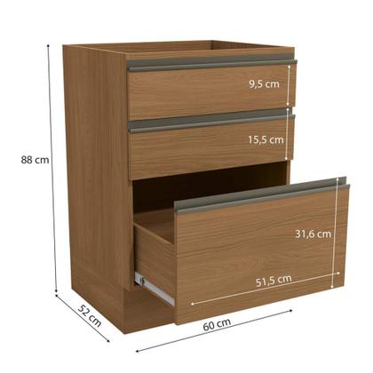 Imagem de Armário de Cozinha Balcão 60cm 3 Gavetas G743 Maxxi Canela Kappesberg