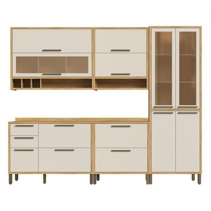 Imagem de Armário de Cozinha com Balcão e Tampo 11 Portas 4 Gavetas Pérola 100% Mdf Vidro Reflecta Amêndoa/Off White - Pnr Móveis