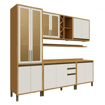 Imagem de Armário de Cozinha com Balcão e Tampo 12 Portas 3 Gavetas Pérola 100% Mdf Vidro Reflecta Amêndoa/Off White - Pnr Móveis