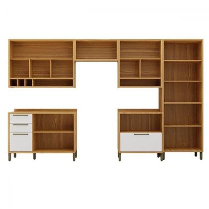 Imagem de Armário de Cozinha com Balcão e Tampo 12 Portas 4 Gavetas Pérola 100% Mdf Vidro Reflecta Amêndoa/Branco - Pnr Móveis