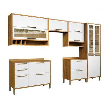 Imagem de Armário de Cozinha com Balcão e Tampo 12 Portas 4 Gavetas Pérola 100% Mdf Vidro Reflecta Amêndoa/Branco - Pnr Móveis