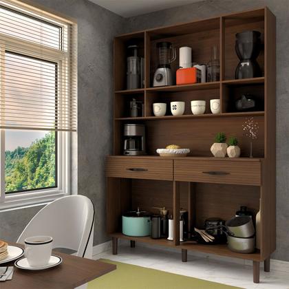 Imagem de Armário de Cozinha com Balcão Sansa 8 Portas 2 Gavetas com Vidro Ripado 3d Nogueira/Off White - Panorama Móveis