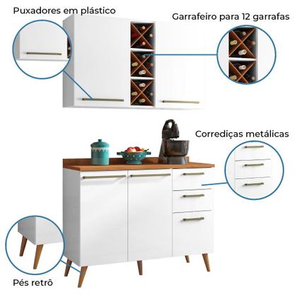 Imagem de Armário de Cozinha Compacta 4 Portas 3 Gavetas com Adega 1,20m Favorita Branco / Nature