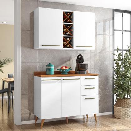 Imagem de Armário de Cozinha Compacta 4 Portas 3 Gavetas com Adega 1,20m Favorita Branco / Nature