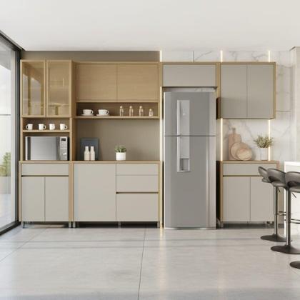 Imagem de Armário De Cozinha Completa 100% Mdf 12 Portas 5 Gavetas Cléo Madeirado/off White Nesher Madeirado/off White