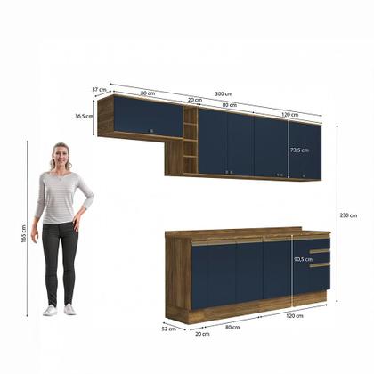 Imagem de Armário de Cozinha Completa 100% MDF 300cm Nogueira/Azul Profundo Celeste Kappesberg