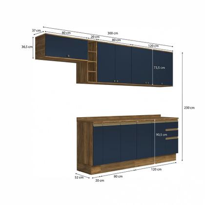 Imagem de Armário de Cozinha Completa 100% MDF 300cm Nogueira/Azul Profundo Celeste Kappesberg