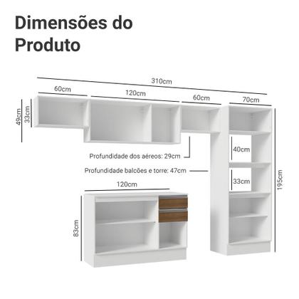 Imagem de Armário de Cozinha Completa 100% MDF 310 cm Branco/Rustic/Crema Smart 01 XA