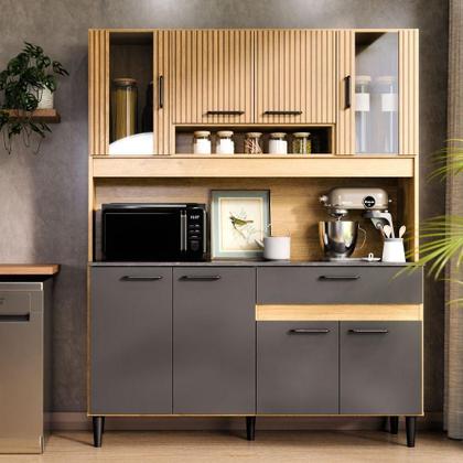 Imagem de Armário De Cozinha Completa Coral Com 8 Portas E 1 Gaveta Compacto Ripado Grafite