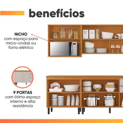 Imagem de Armário de Cozinha Completa Itatiaia Com Balcão 9 Portas 2 Gavetas Nicho Para Micro Ondas Namur Cinamomo/Off White